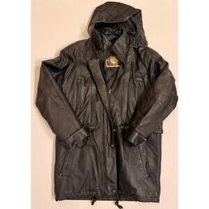 Vintage Women's Learsi Long Leather Insulated Coat w/Hood Size S Black